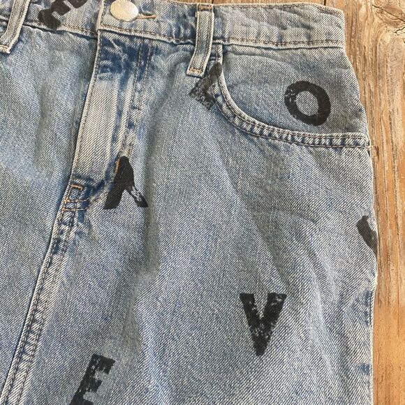 Current Elliot Love Letter Denim Step Ladder Hem Mini Skirt All Over Print - Picture 9 of 10